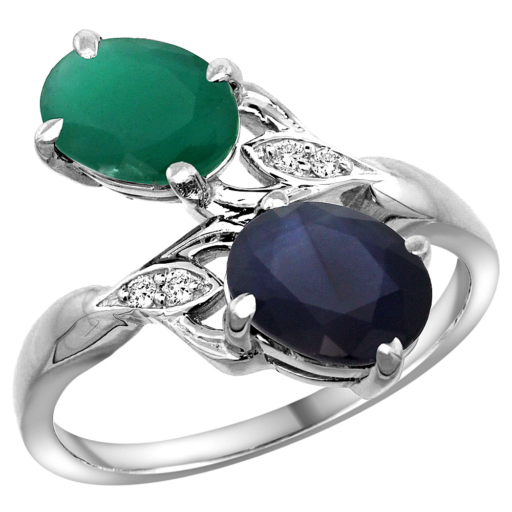 10K WHITE GOLD DIAMOND NATURAL EMERALD BLUE SAPPHIRE 2-STONE MOTHERS RING OVAL 8X6MM SIZE 5 - 10