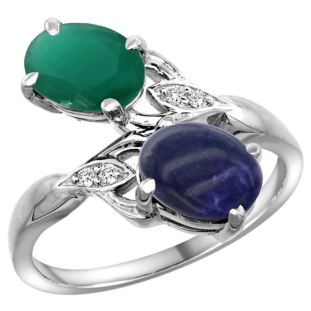 10K WHITE GOLD DIAMOND NATURAL EMERALD LAPIS LAZULI 2-STONE MOTHERS RING OVAL 8X6MM SIZE 5-10