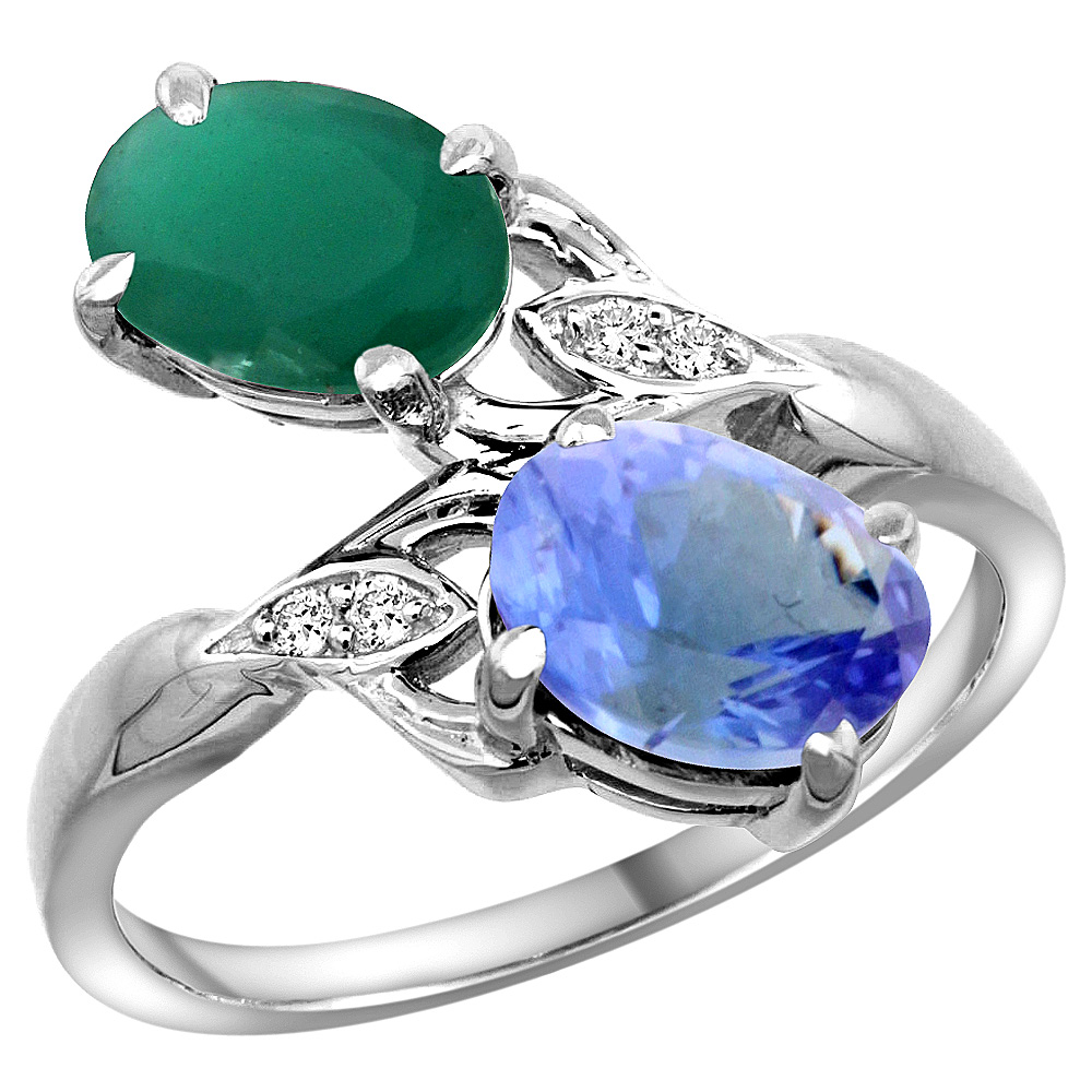 10K WHITE GOLD DIAMOND NATURAL EMERALD TANZANITE 2-STONE MOTHERS RING OVAL 8X6MM SIZE 5 - 10