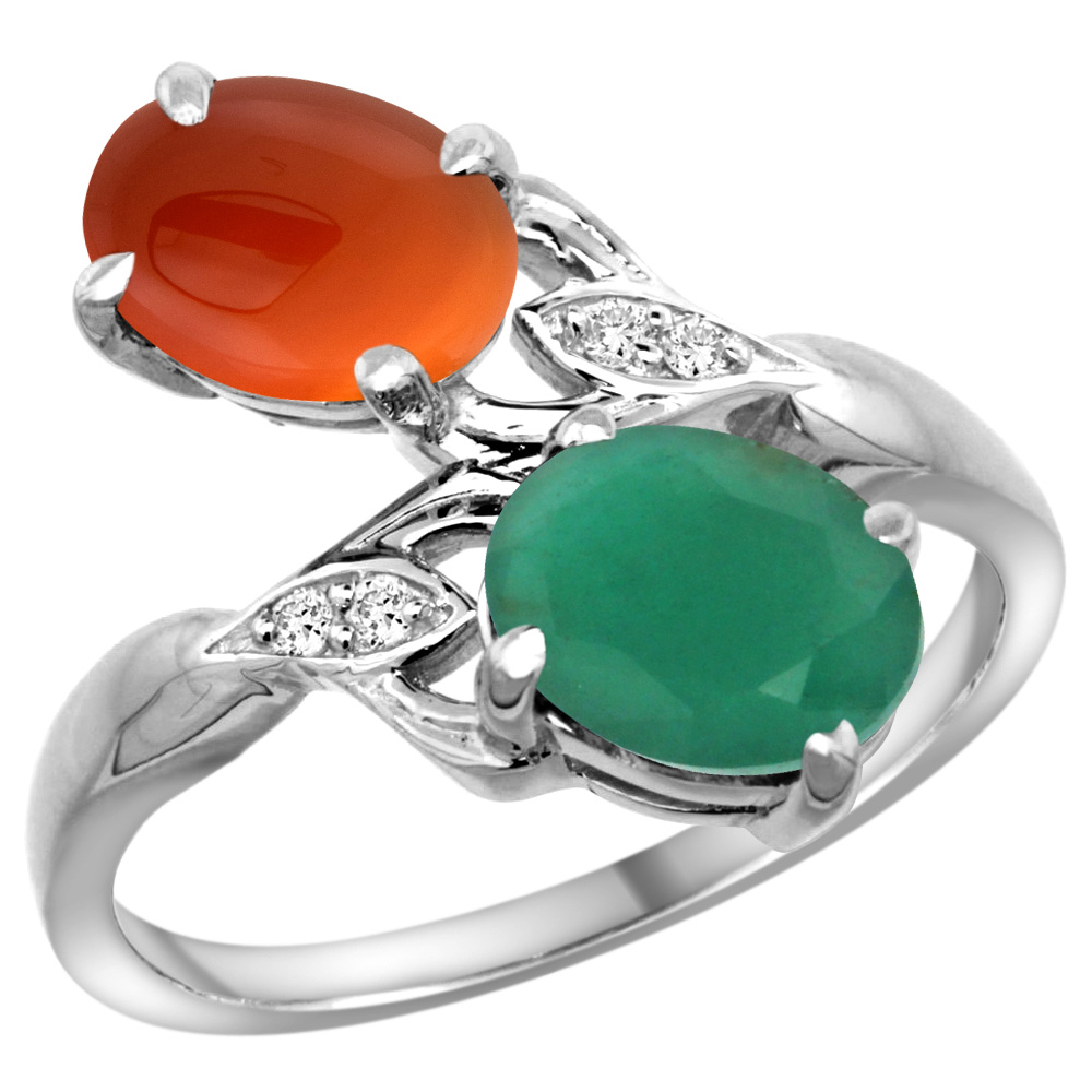 10K WHITE GOLD DIAMOND NATURAL EMERALD BROWN AGATE 2-STONE MOTHERS RING OVAL 8X6MM SIZE 5 - 10