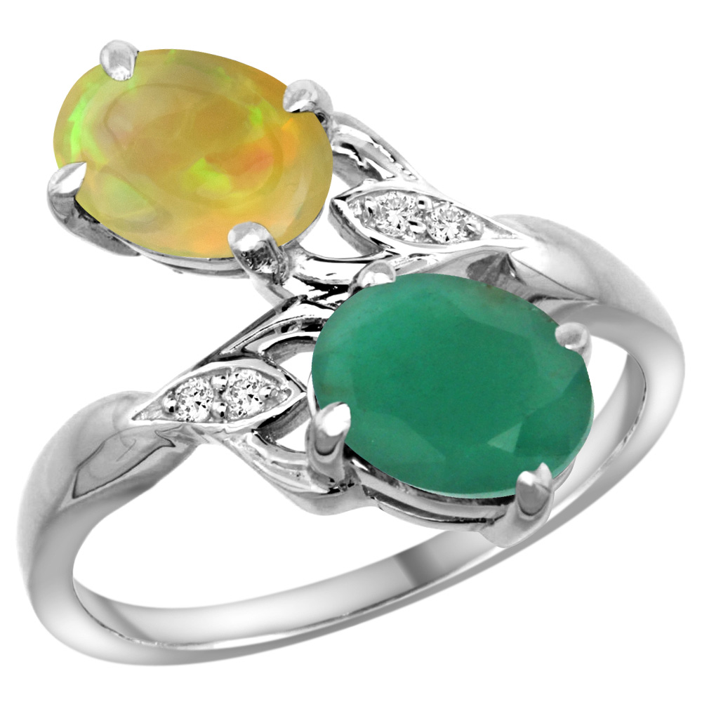 10K WHITE GOLD DIAMOND NATURAL EMERALD ETHIOPIAN OPAL 2-STONE MOTHERS RING OVAL 8X6MM SIZE 5-10
