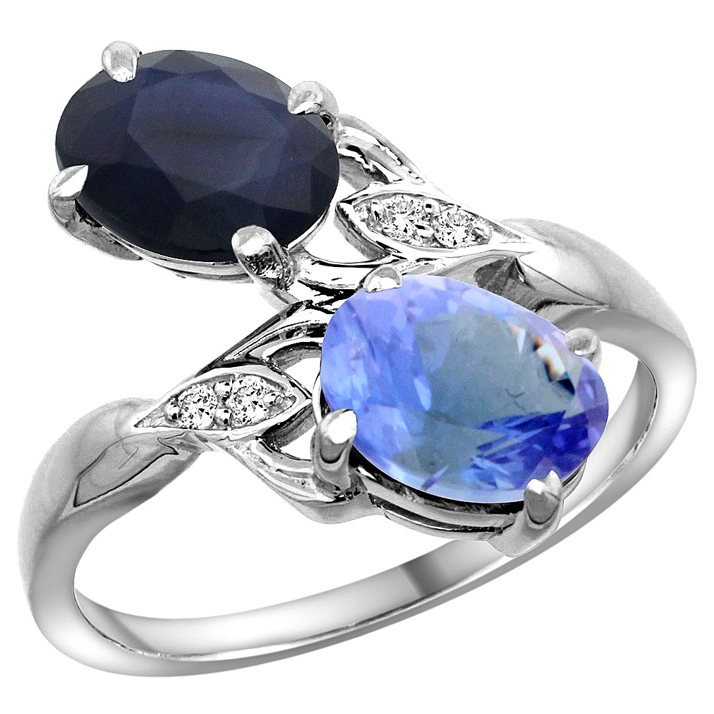 10K WHITE GOLD DIAMOND NATURAL BLUE SAPPHIRE TANZANITE 2-STONE MOTHERS RING OVAL 8X6MM SIZE 5 - 10