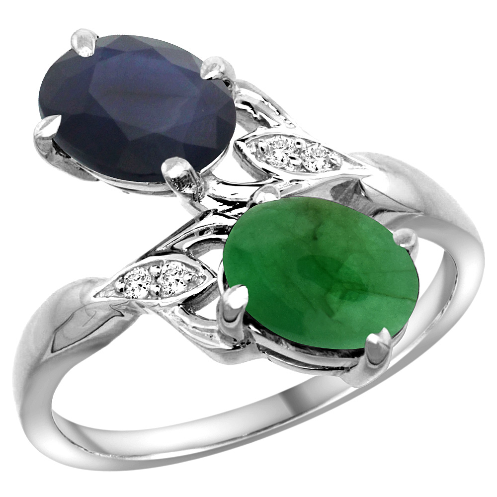 10K WHITE GOLD DIAMOND NATURAL BLUE SAPPHIRE & CABOCHON EMERALD 2-STONE RING OVAL 8X6MM, SIZES 5 - 10