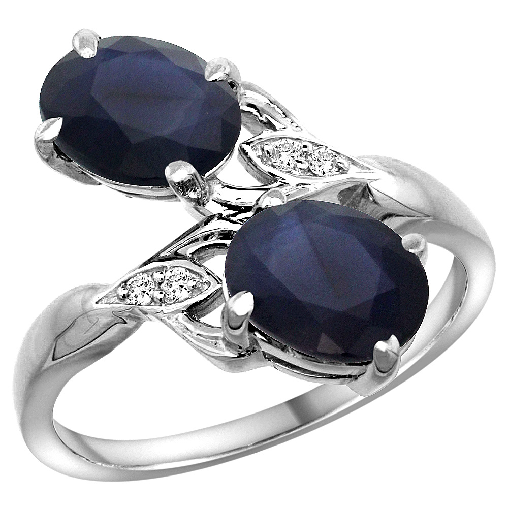10K WHITE GOLD DIAMOND NATURAL BLUE SAPPHIRE 2-STONE MOTHERS RING OVAL 8X6MM SIZE 5 - 10