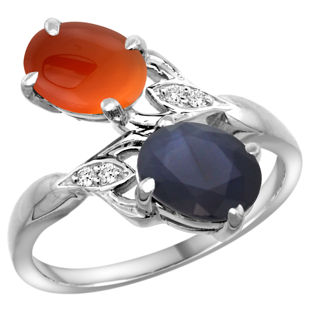 10K WHITE GOLD DIAMOND NATURAL BLUE SAPPHIRE BROWN AGATE 2-STONE MOTHERS RING OVAL 8X6MM SIZE 5 - 10