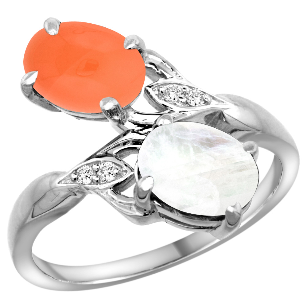 10K WHITE GOLD DIAMOND NATURAL RAINBOW& ORANGE MOONSTONES 2-STONE RING OVAL 8X6MM, SIZES 5 - 10