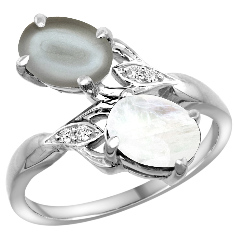 10K WHITE GOLD DIAMOND NATURAL RAINBOW & GRAY MOONSTONES 2-STONE RING OVAL 8X6MM, SIZES 5 - 10