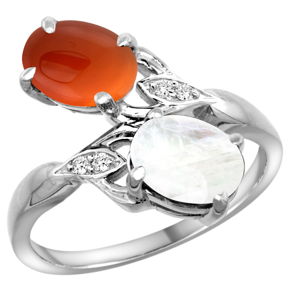 10K WHITE GOLD DIAMOND NATURAL RAINBOW MOONSTONE & BROWN AGATE 2-STONE RING OVAL 8X6MM, SIZES 5 - 10