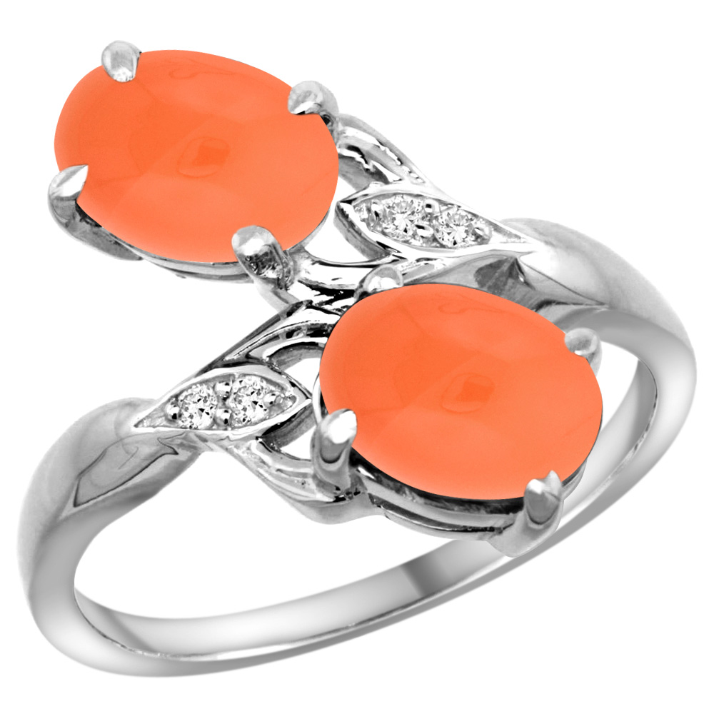 10K WHITE GOLD DIAMOND NATURAL ORANGE MOONSTONE 2-STONE RING OVAL 8X6MM, SIZES 5 - 10