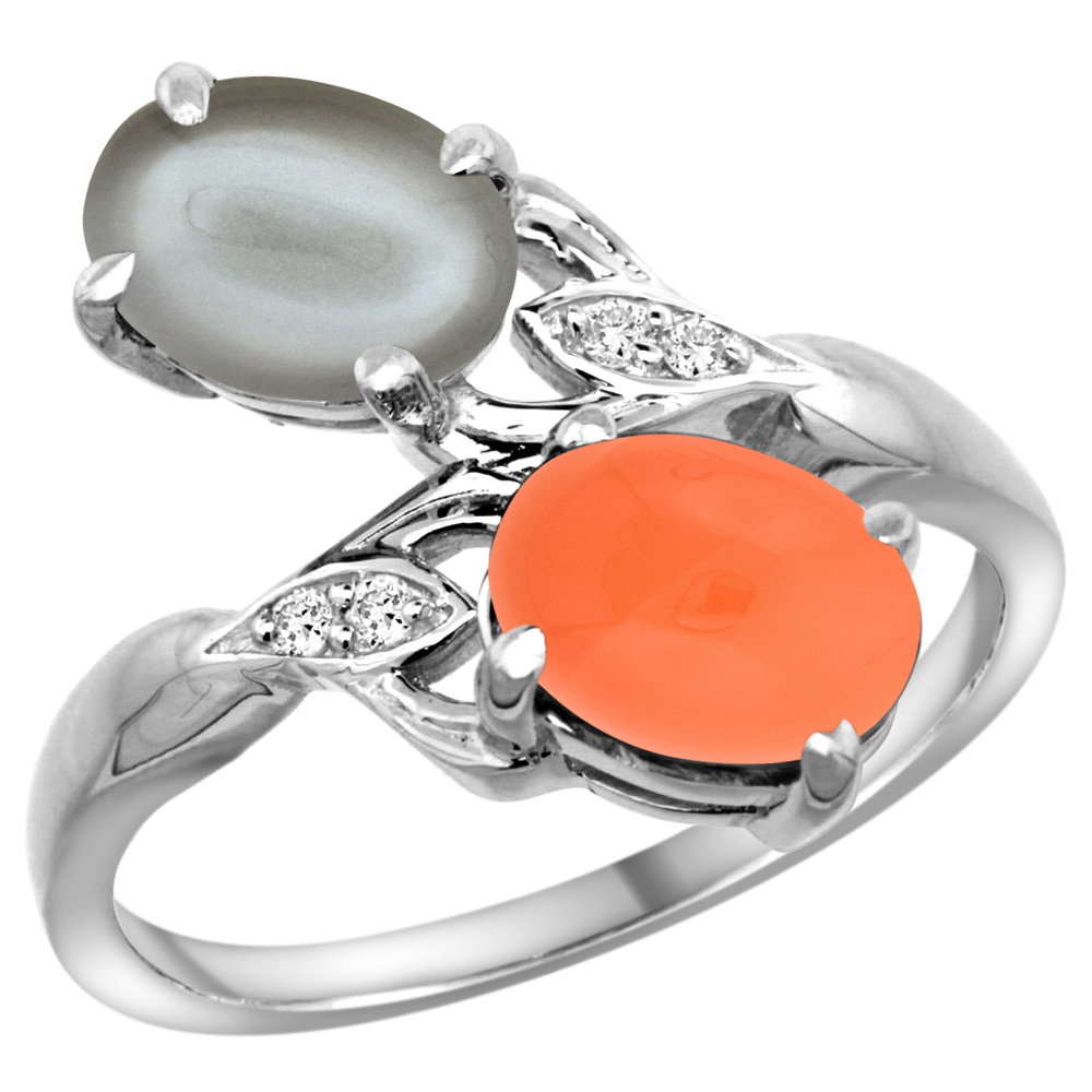 10K WHITE GOLD DIAMOND NATURAL ORANGE & GRAY MOONSTONES 2-STONE RING OVAL 8X6MM, SIZES 5 - 10