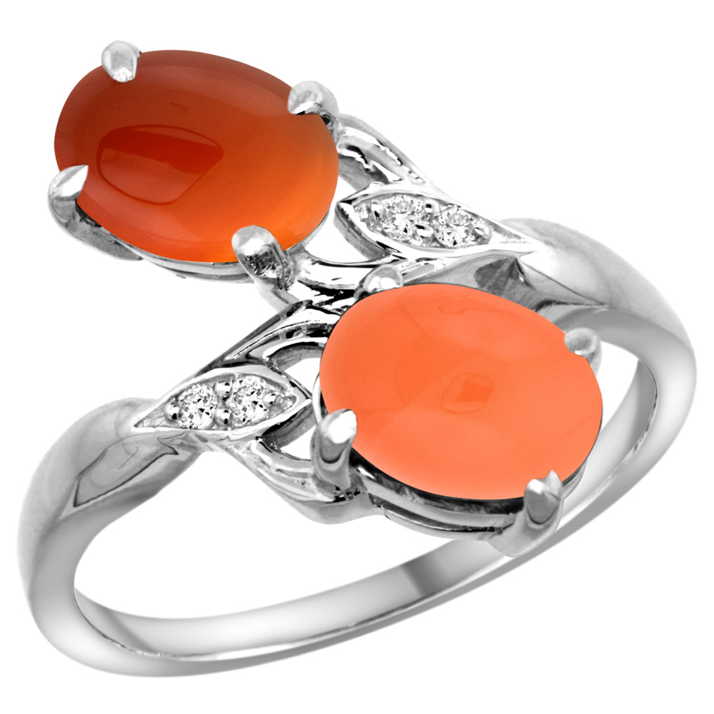 10K WHITE GOLD DIAMOND NATURAL ORANGE MOONSTONE & BROWN AGATE 2-STONE RING OVAL 8X6MM, SIZES 5 - 10