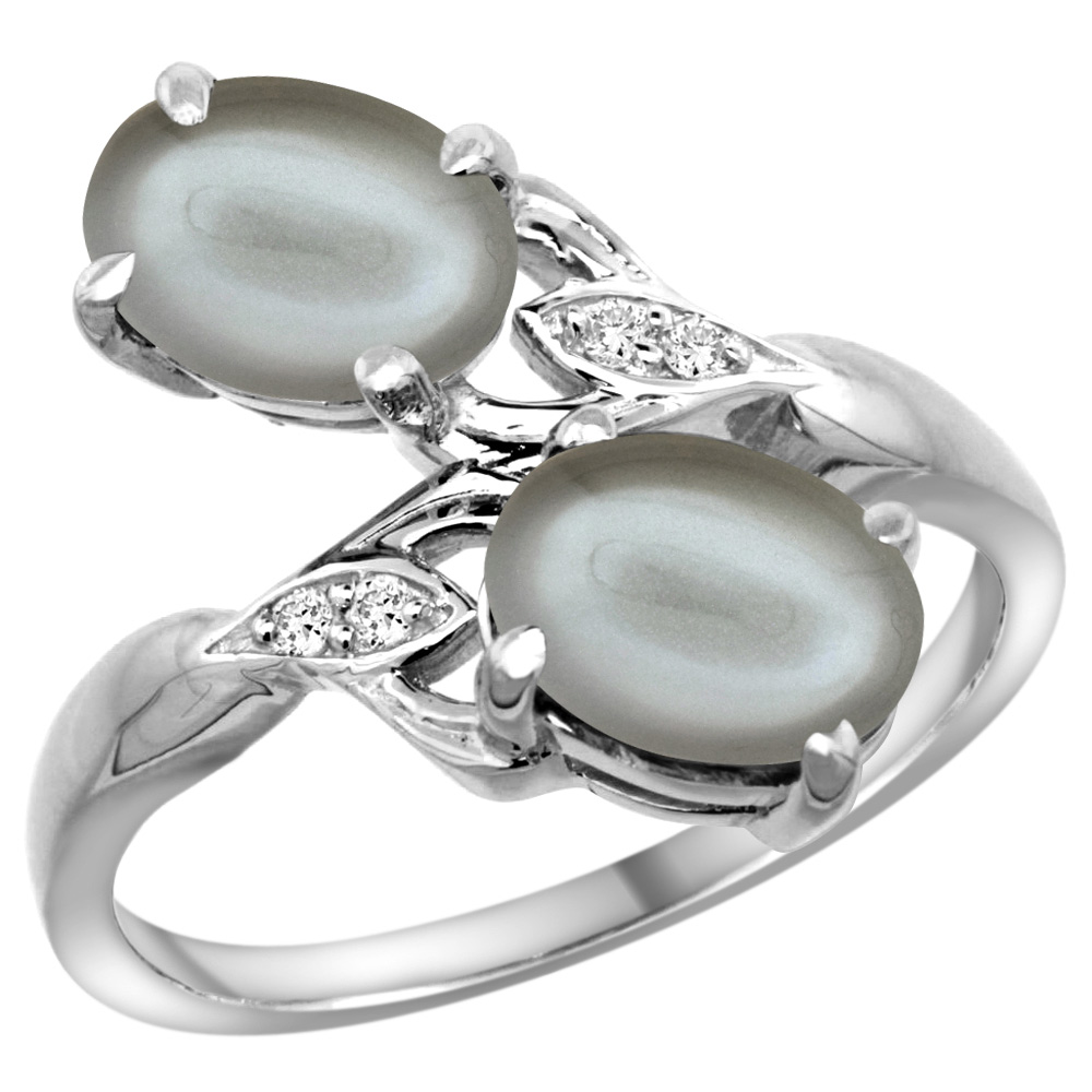 10K WHITE GOLD DIAMOND NATURAL GRAY MOONSTONE 2-STONE RING OVAL 8X6MM, SIZES 5 - 10