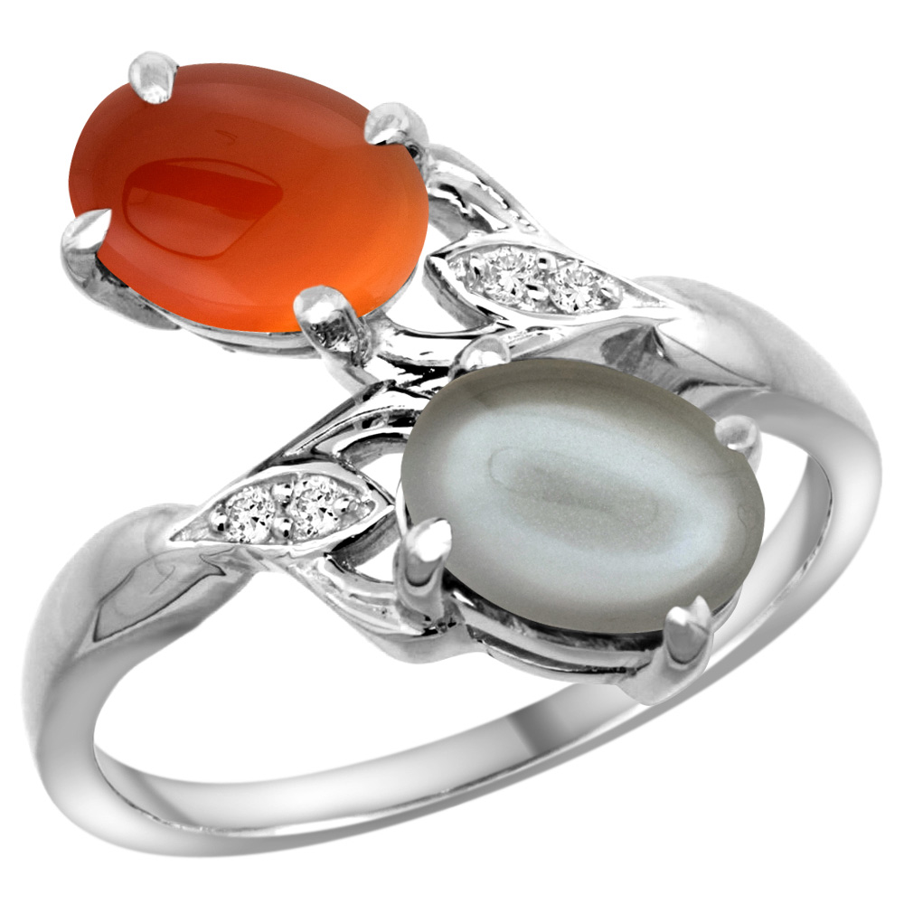 10K WHITE GOLD DIAMOND NATURAL GRAY MOONSTONE & BROWN AGATE 2-STONE RING OVAL 8X6MM, SIZES 5 - 10