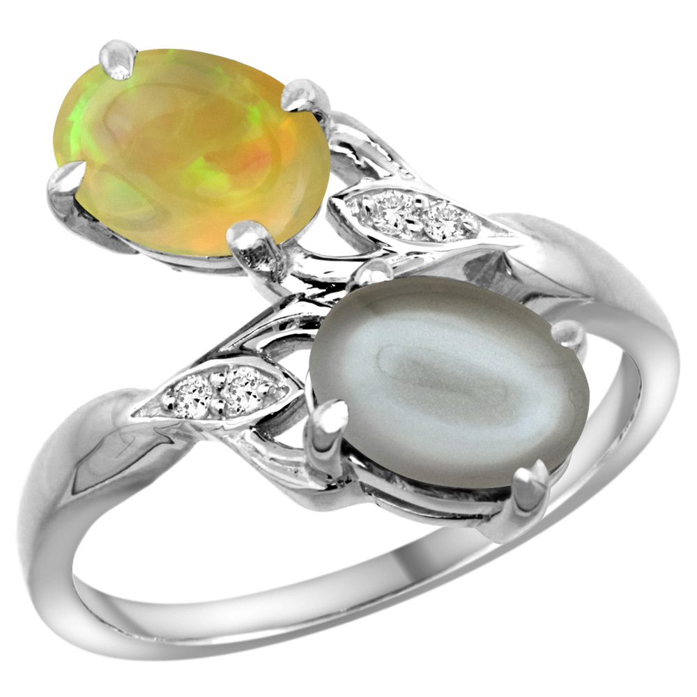 10K WHITE GOLD DIAMOND NATURAL GRAY MOONSTONE & ETHIOPIAN OPAL 2-STONE MOTHERS RING OVAL 8X6MM, SZ 5 - 10