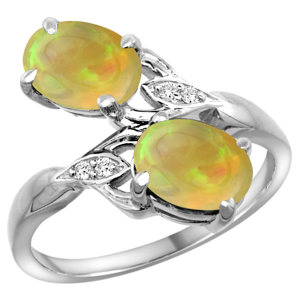 10K WHITE GOLD DIAMOND NATURAL ETHIOPIAN OPAL 2-STONE MOTHERS RING OVAL 8X6MM, SIZE 5 - 10