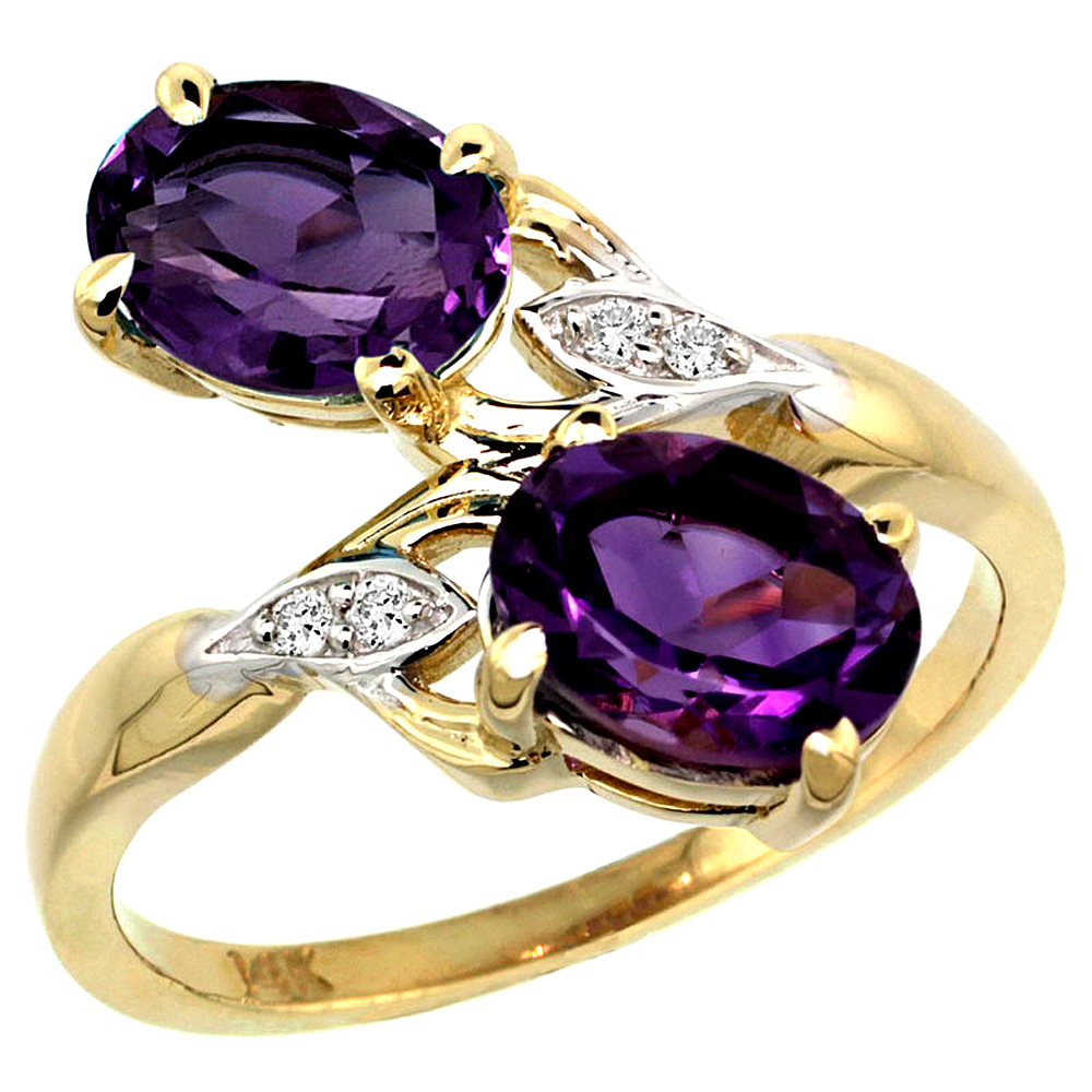 14k Yellow Gold Diamond Natural Amethyst 2-stone Ring Oval 8x6mm, sizes 5 - 10