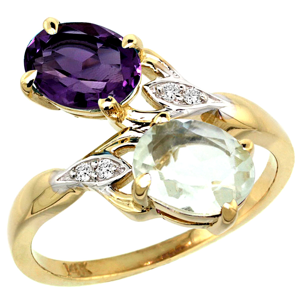 14K YELLOW GOLD DIAMOND NATURAL PURPLE & GREEN AMETHYST 2-STONE RING OVAL 8X6MM, SIZES 5 - 10
