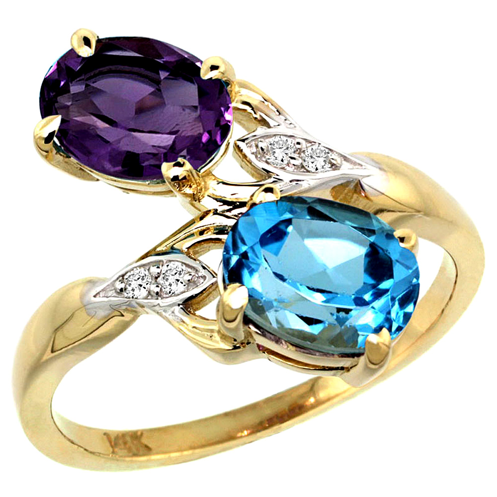 14k Yellow Gold Diamond Natural Amethyst & Swiss Blue Topaz 2-stone Ring Oval 8x6mm, sizes 5 - 10