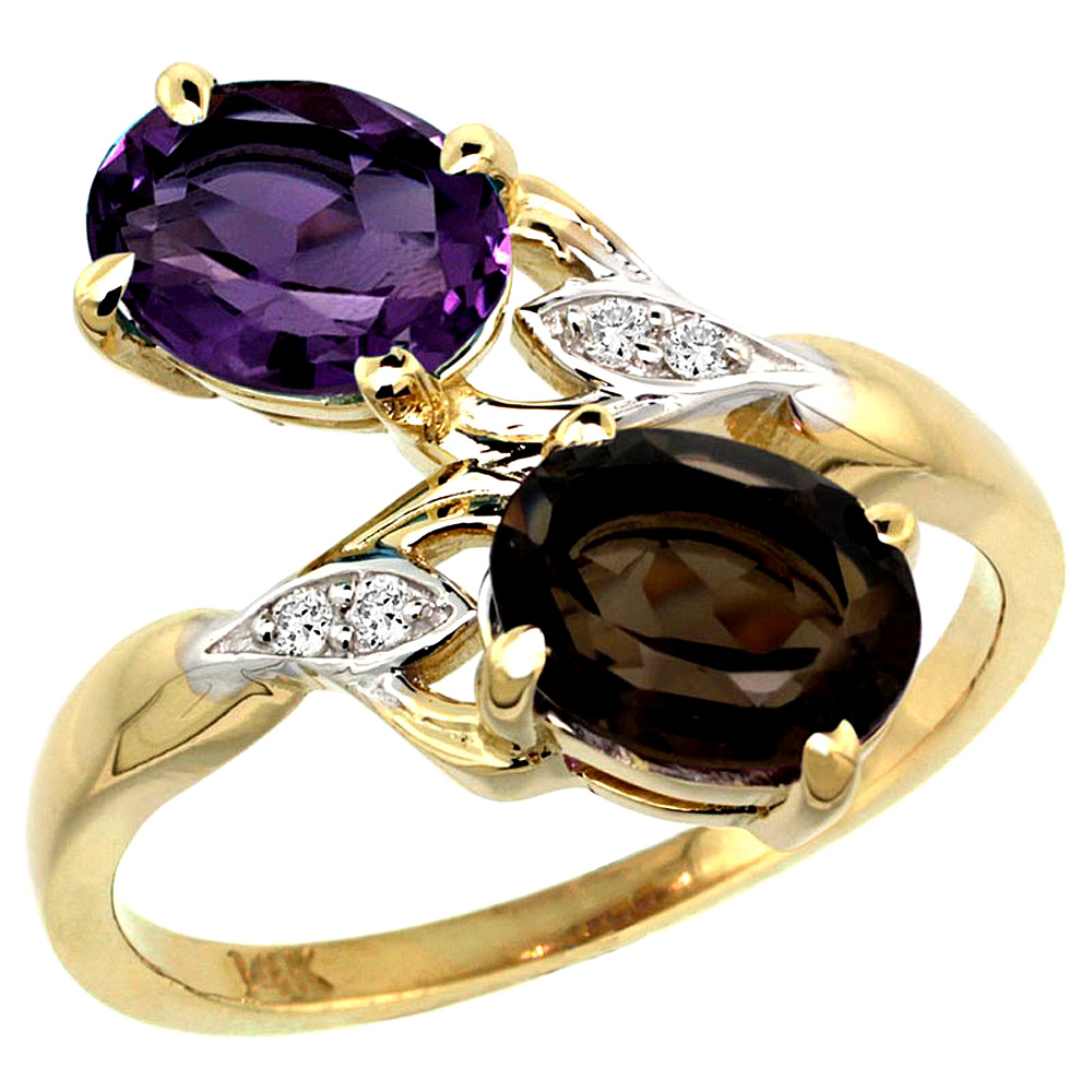 14K YELLOW GOLD DIAMOND NATURAL AMETHYST & SMOKY TOPAZ 2-STONE RING OVAL 8X6MM, SIZES 5 - 10
