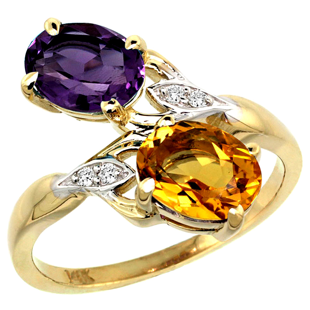 14K YELLOW GOLD DIAMOND NATURAL AMETHYST & CITRINE 2-STONE RING OVAL 8X6MM, SIZES 5 - 10