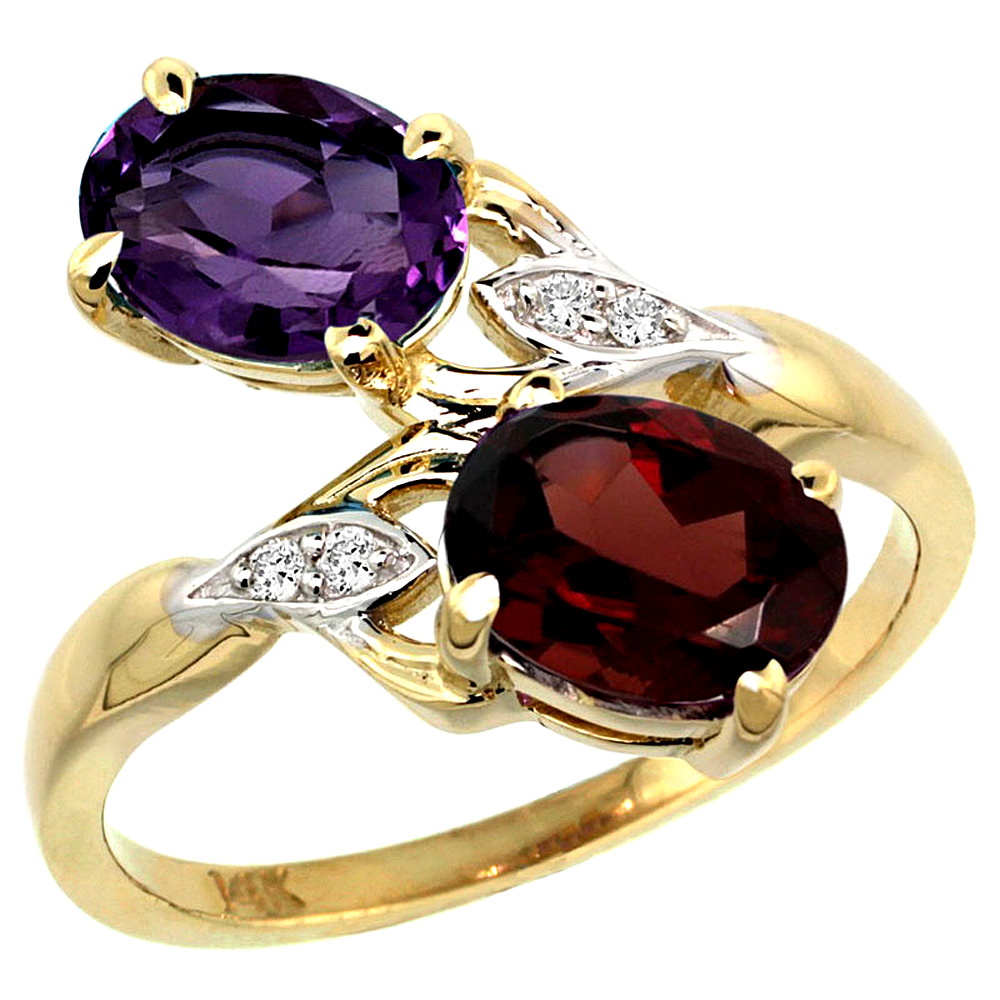 14K YELLOW GOLD DIAMOND NATURAL AMETHYST & GARNET 2-STONE RING OVAL 8X6MM, SIZES 5 - 10