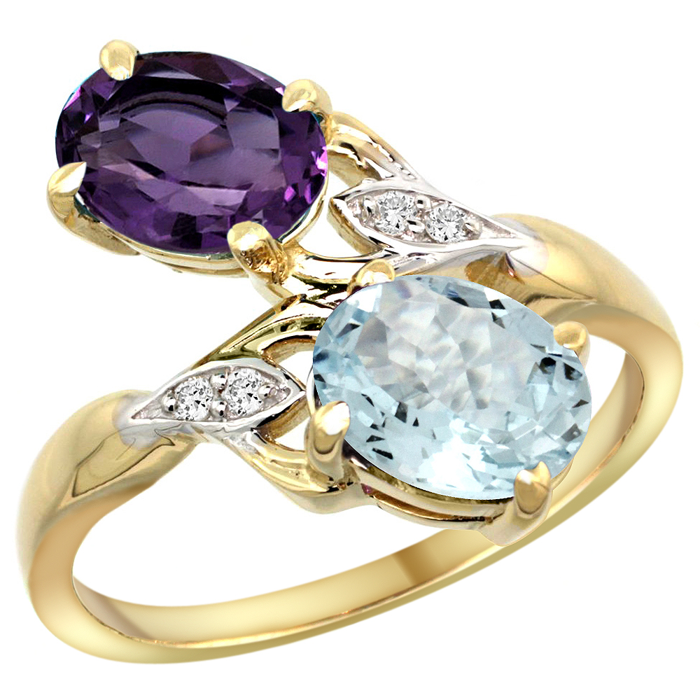 10K Yellow Gold Diamond Natural Amethyst &amp; Aquamarine 2-stone Ring Oval 8x6mm, sizes 5 - 10