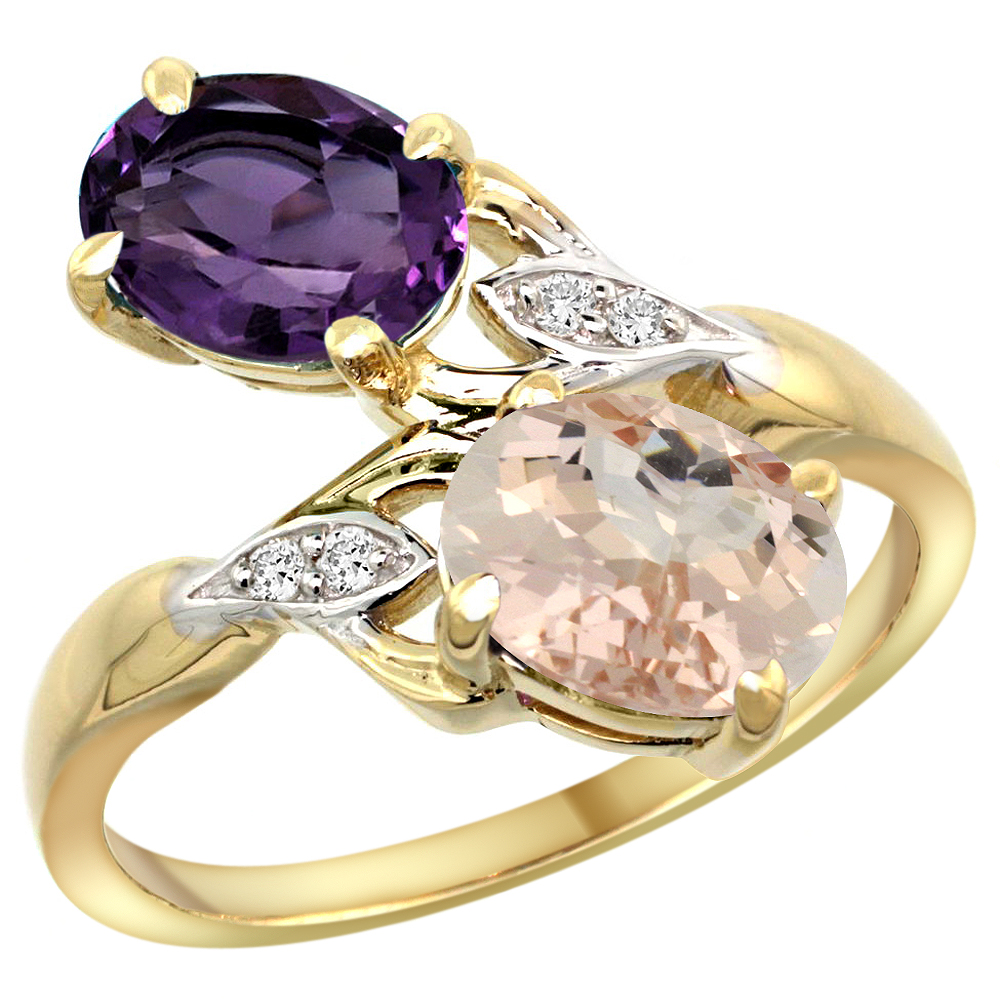 10K Yellow Gold Diamond Natural Amethyst &amp; Morganite 2-stone Ring Oval 8x6mm, sizes 5 - 10