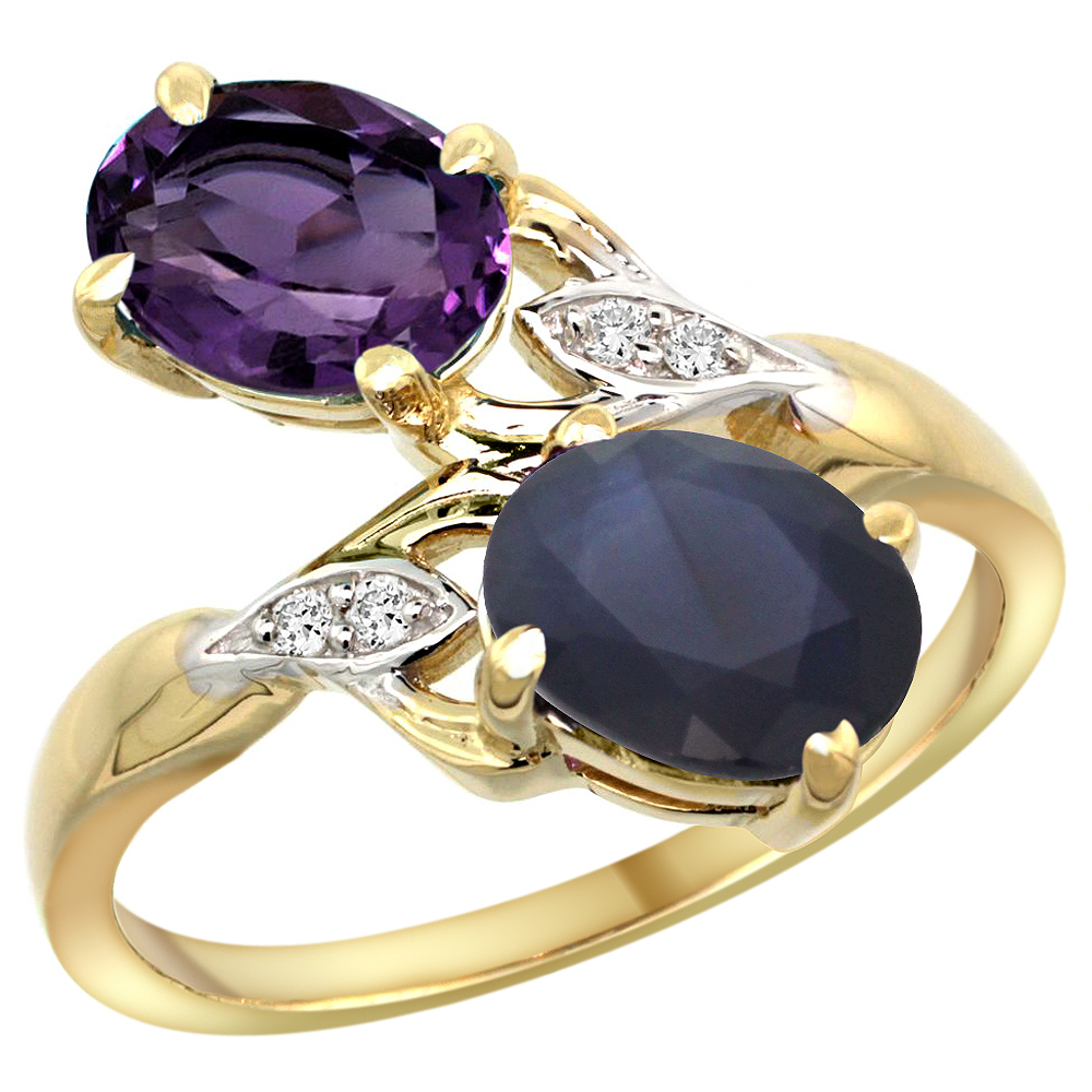 10K Yellow Gold Diamond Natural Amethyst &amp; Blue Sapphire 2-stone Ring Oval 8x6mm, sizes 5 - 10