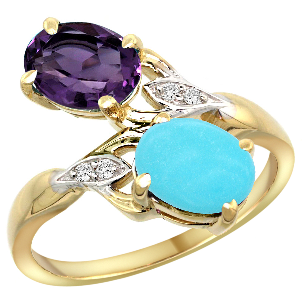 14k Yellow Gold Diamond Natural Amethyst & Turquoise 2-stone Ring Oval 8x6mm, sizes 5 - 10