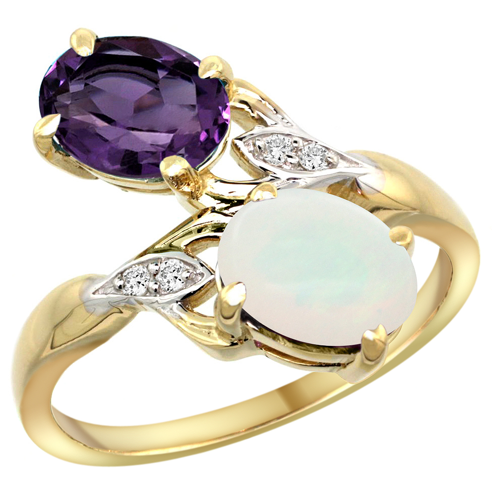 10K Yellow Gold Diamond Natural Amethyst & Opal 2-stone Ring Oval 8x6mm, sizes 5 - 10