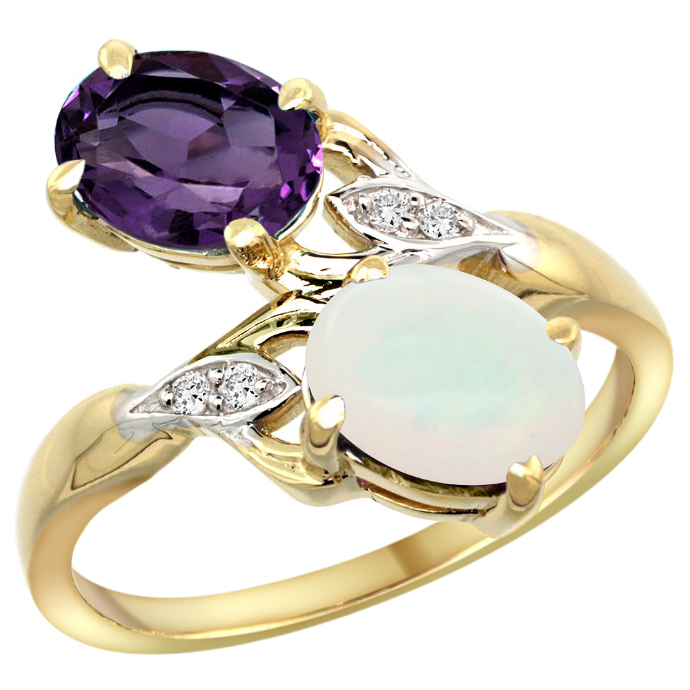 14k Yellow Gold Diamond Natural Amethyst & Opal 2-stone Ring Oval 8x6mm, sizes 5 - 10