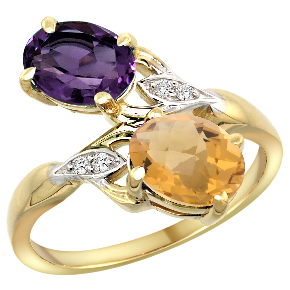 14k Yellow Gold Diamond Natural Amethyst & Whisky Quartz 2-stone Ring Oval 8x6mm, sizes 5 - 10