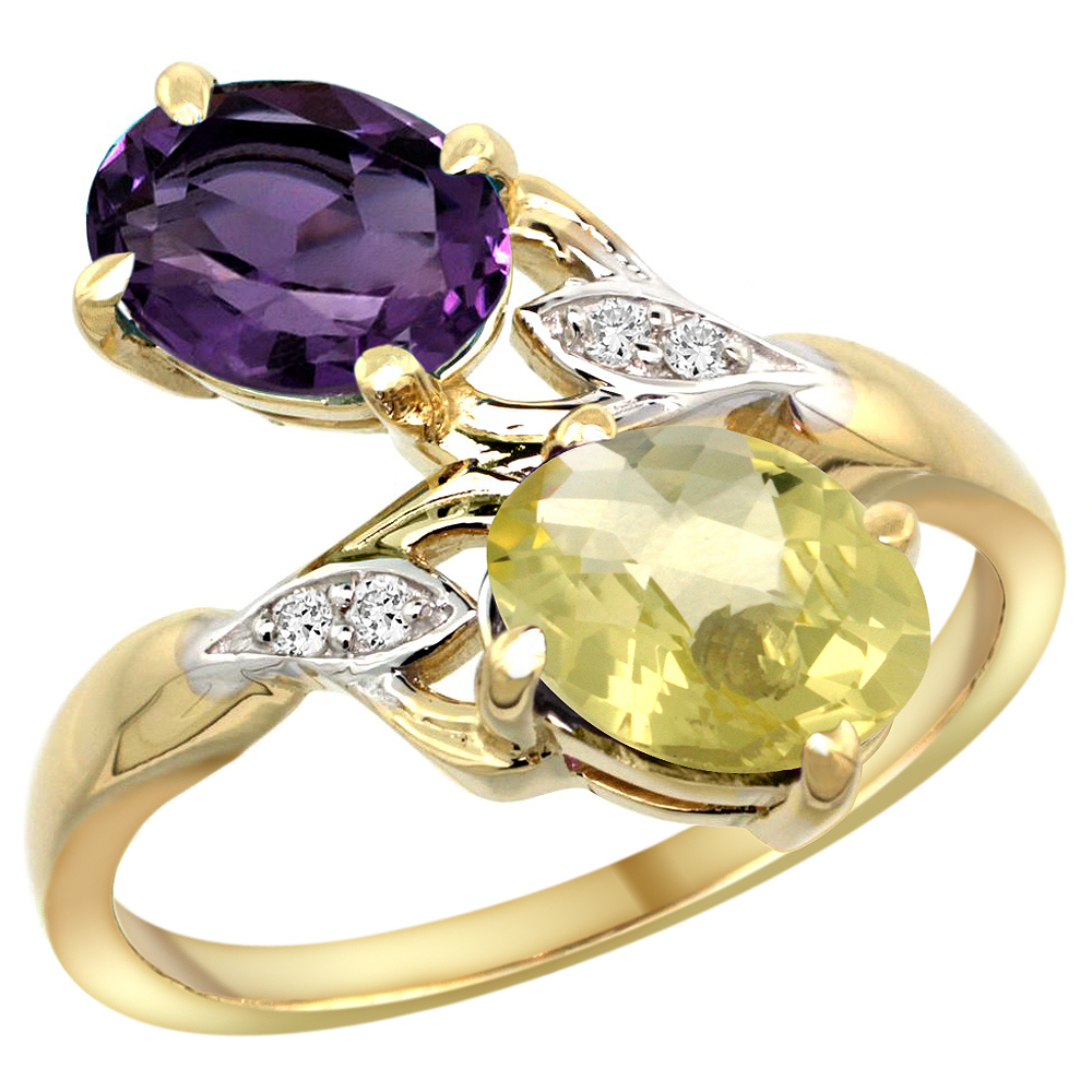 10K Yellow Gold Diamond Natural Amethyst &amp; Lemon Quartz 2-stone Ring Oval 8x6mm, sizes 5 - 10