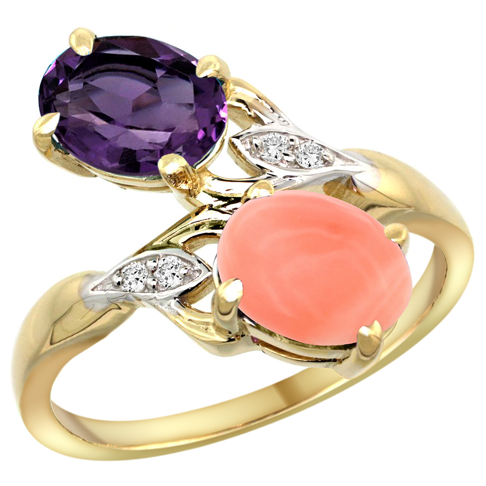 10K YELLOW GOLD DIAMOND NATURAL AMETHYST & CORAL 2-STONE RING OVAL 8X6MM, SIZES 5 - 10