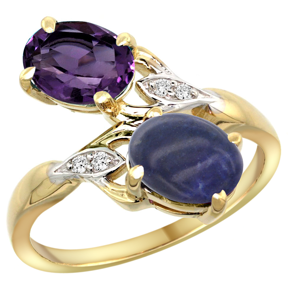 14k Yellow Gold Diamond Natural Amethyst & Lapis 2-stone Ring Oval 8x6mm, sizes 5 - 10