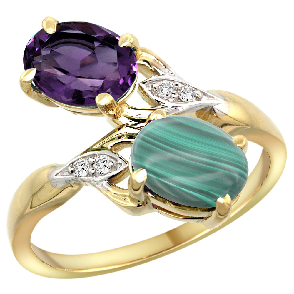 10K Yellow Gold Diamond Natural Amethyst &amp; Malachite 2-stone Ring Oval 8x6mm, sizes 5 - 10