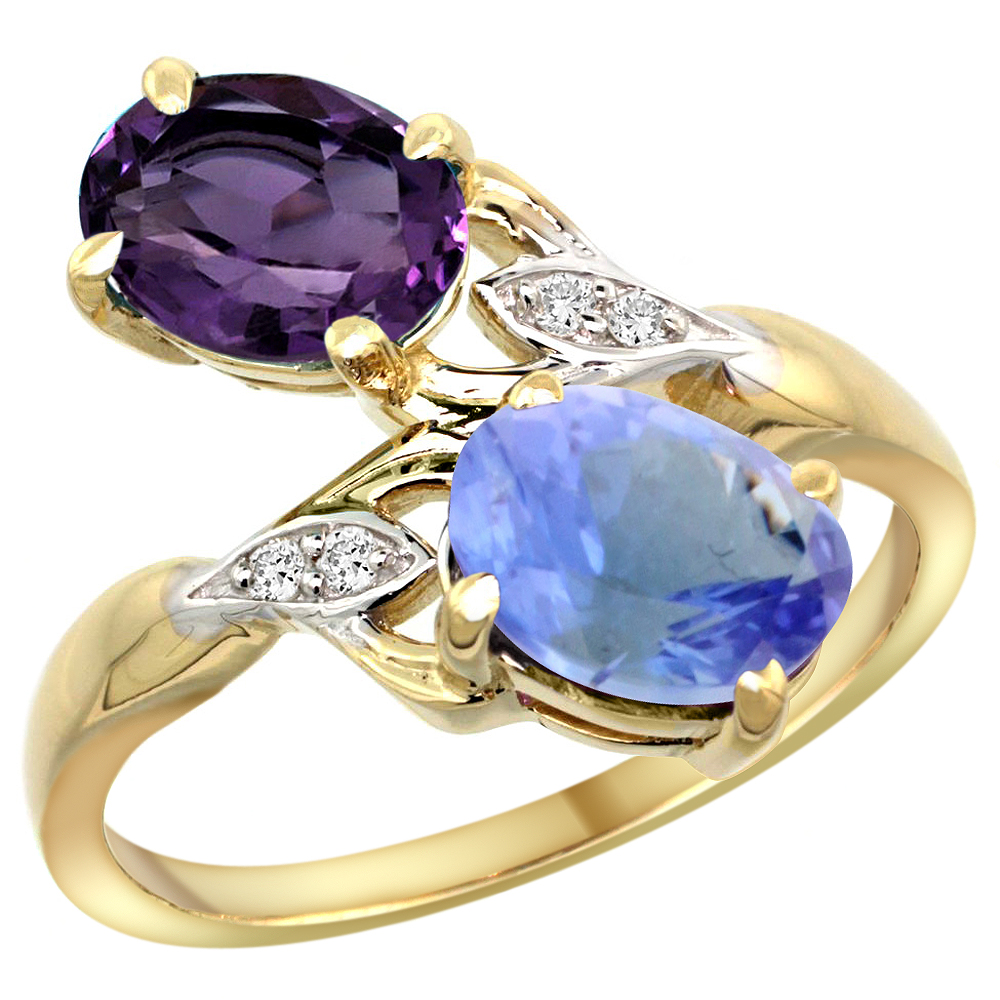 10K Yellow Gold Diamond Natural Amethyst &amp; Tanzanite 2-stone Ring Oval 8x6mm, sizes 5 - 10