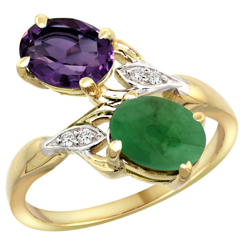 10K YELLOW GOLD DIAMOND NATURAL AMETHYST & CABOCHON EMERALD 2-STONE RING OVAL 8X6MM, SIZES 5 - 10