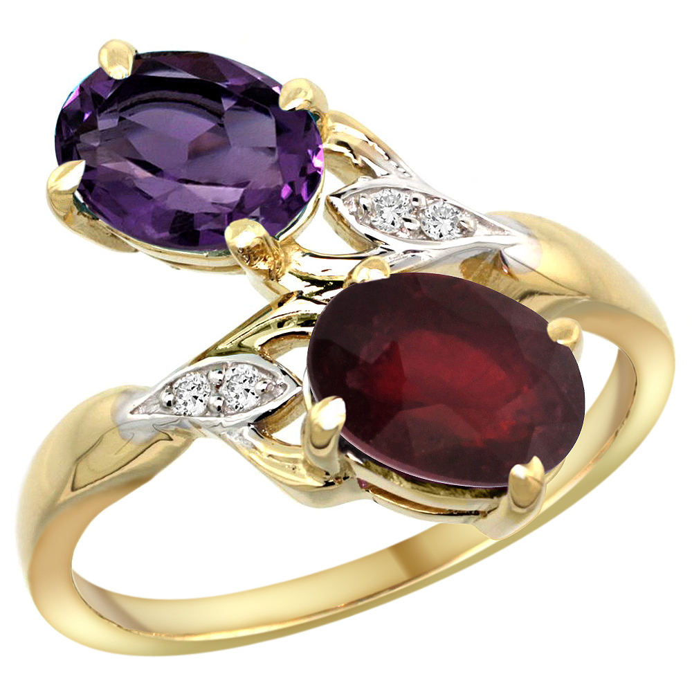 10K YELLOW GOLD DIAMOND NATURAL AMETHYST RUBY 2-STONE MOTHERS RING OVAL 8X6MM SIZE 5 - 10