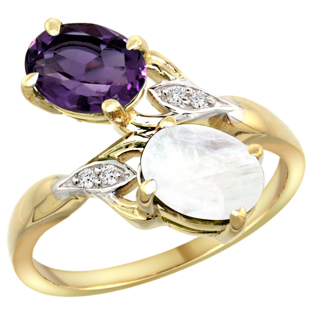 10K YELLOW GOLD DIAMOND NATURAL AMETHYST & RAINBOW MOONSTONE 2-STONE RING OVAL 8X6MM, SIZES 5 - 10