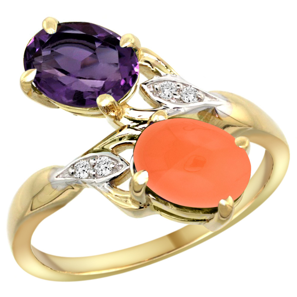 10K YELLOW GOLD DIAMOND NATURAL AMETHYST & ORANGE MOONSTONE 2-STONE RING OVAL 8X6MM, SIZES 5 - 10