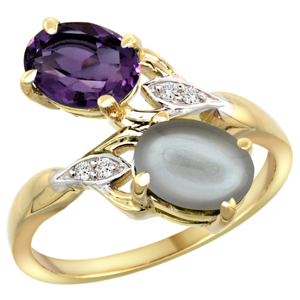 10K YELLOW GOLD DIAMOND NATURAL AMETHYST & GRAY MOONSTONE 2-STONE RING OVAL 8X6MM, SIZES 5 - 10