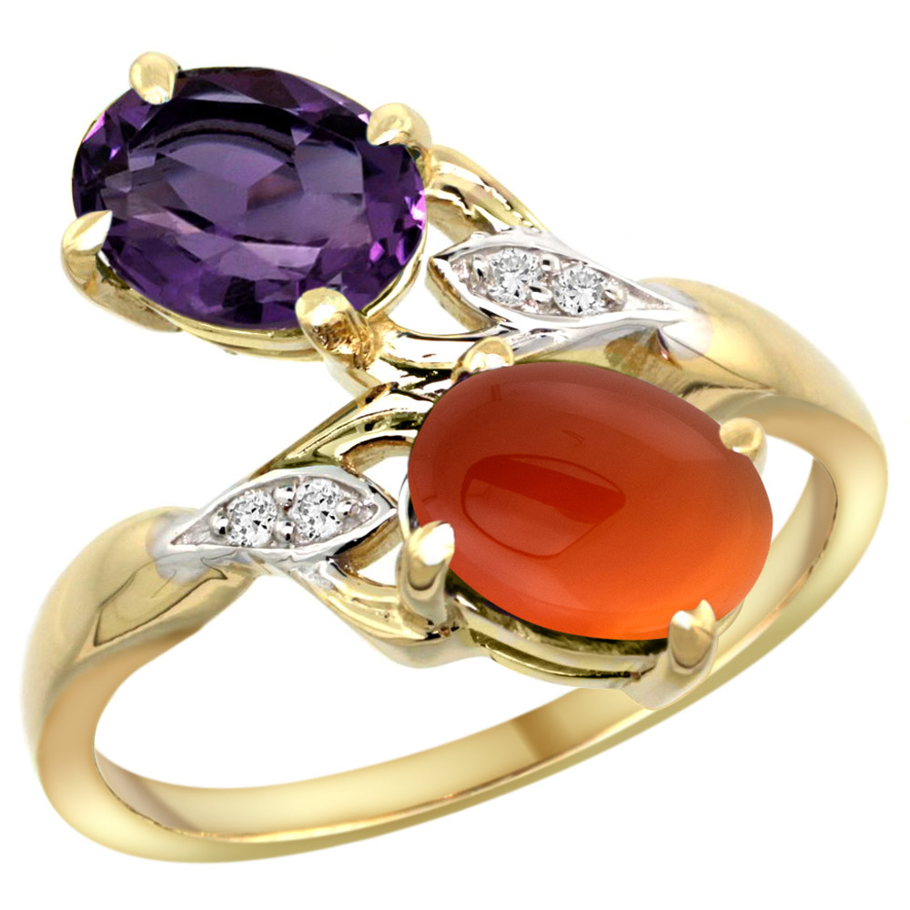 10K YELLOW GOLD DIAMOND NATURAL AMETHYST & BROWN AGATE 2-STONE RING OVAL 8X6MM, SIZES 5 - 10