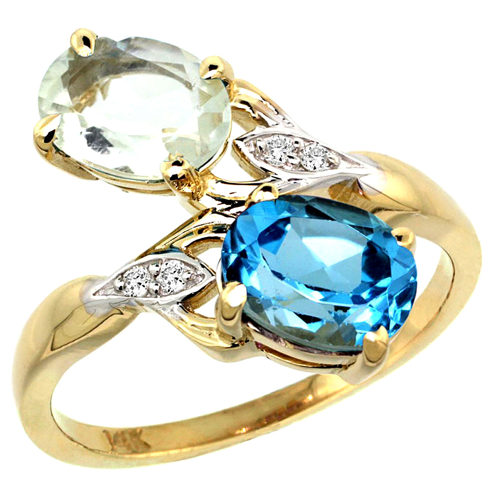 14K YELLOW GOLD DIAMOND NATURAL GREEN AMETHYST & SWISS BLUE TOPAZ 2-STONE RING OVAL 8X6MM, SIZES 5 - 10