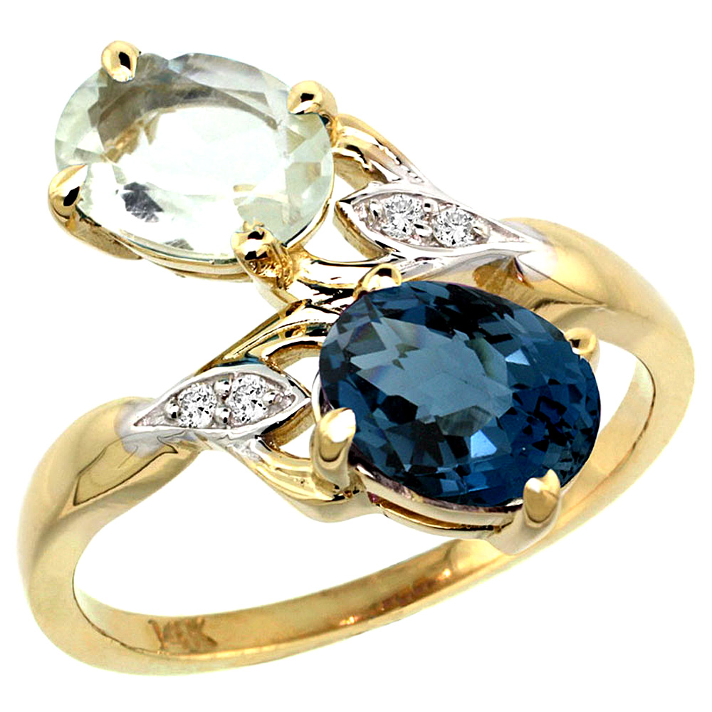 14K YELLOW GOLD DIAMOND NATURAL GREEN AMETHYST & LONDON BLUE TOPAZ 2-STONE RING OVAL 8X6MM, SIZES 5 - 10