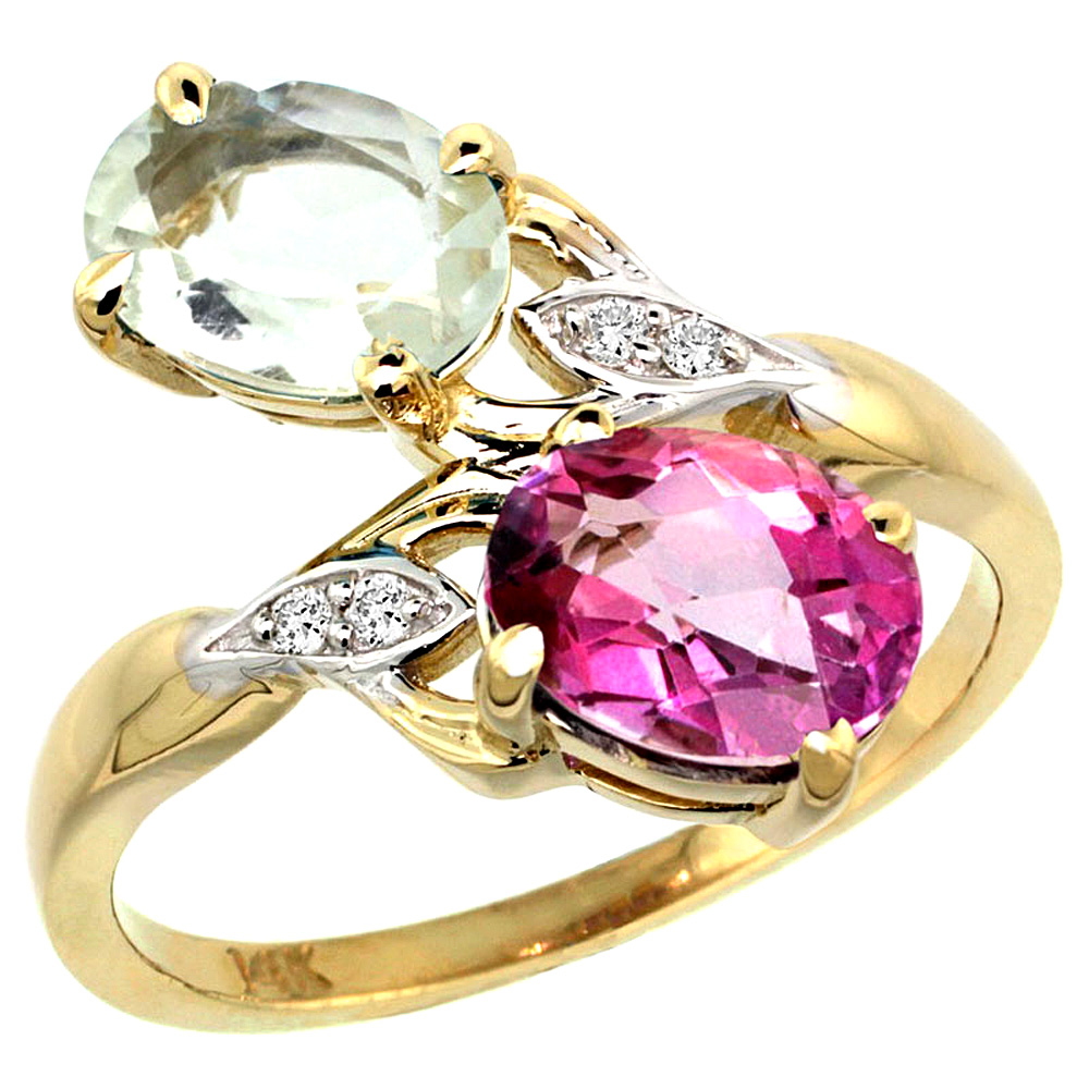 14K YELLOW GOLD DIAMOND NATURAL GREEN AMETHYST & PINK TOPAZ 2-STONE RING OVAL 8X6MM, SIZES 5 - 10