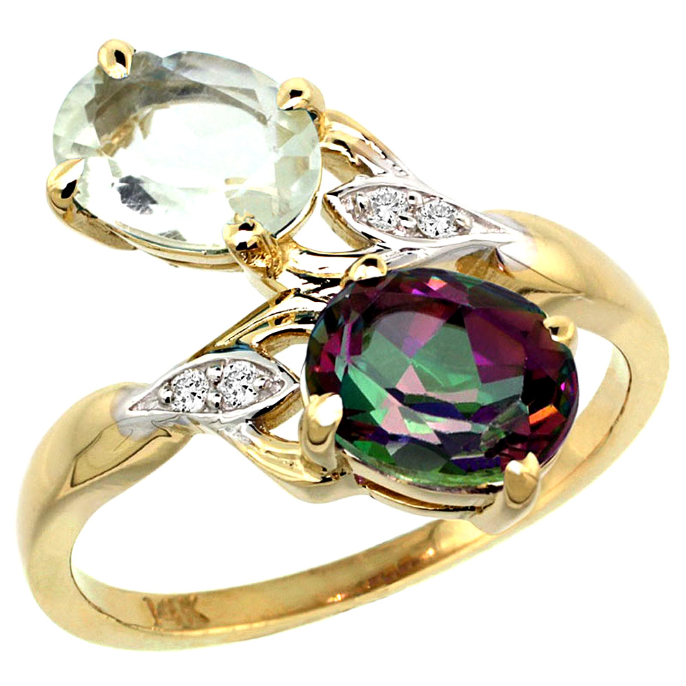 14k Yellow Gold Diamond Natural Green Amethyst & Mystic Topaz 2-stone Ring Oval 8x6mm, sizes 5 - 10