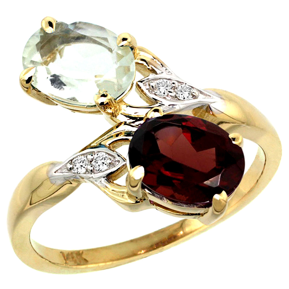 14k Yellow Gold Diamond Natural Green Amethyst & Garnet 2-stone Ring Oval 8x6mm, sizes 5 - 10