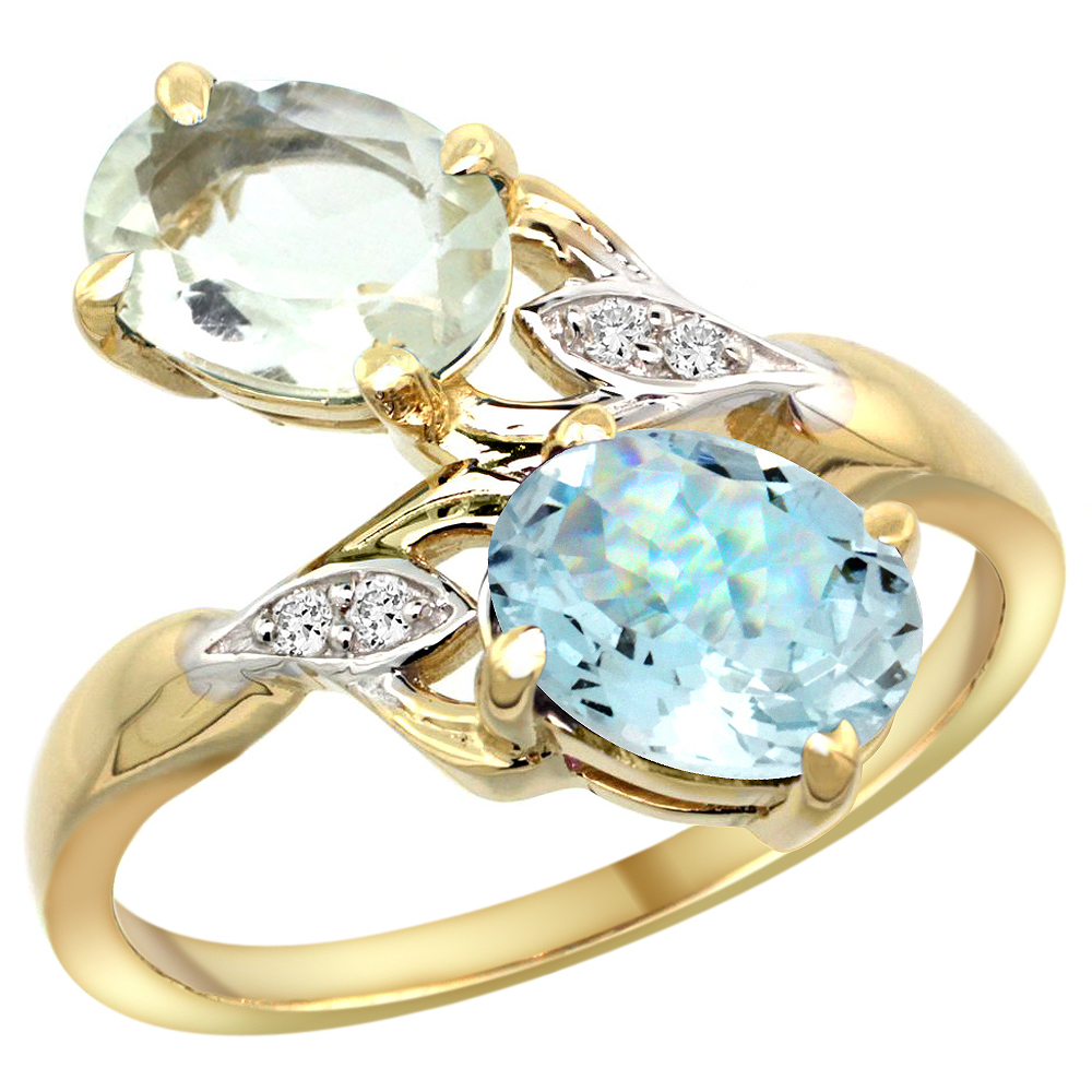 10K Yellow Gold Diamond Natural Green Amethyst & Aquamarine 2-stone Ring Oval 8x6mm, sizes 5 - 10