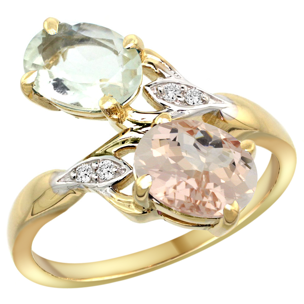 14k Yellow Gold Diamond Natural Green Amethyst &amp; Morganite 2-stone Ring Oval 8x6mm, sizes 5 - 10